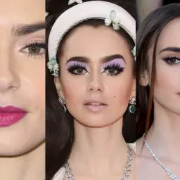 Lily Collins con makeup che esalta l'armocromia inverno: rosa, viola e viola intenso per labbra e occhi.