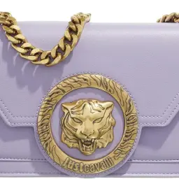 Borsa in pelle lilla con iconico logo tigre dorato e catena, un vero gioiello Just Cavalli.