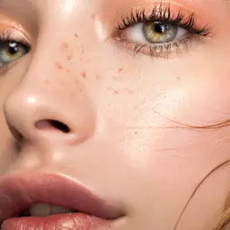 Occhi verdi luminosi con un trucco pesca delicato, lentiggini naturali e labbra piene.