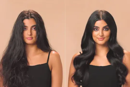 Prima e dopo: capelli crespi trasformati in onde lucenti grazie al hair oiling.