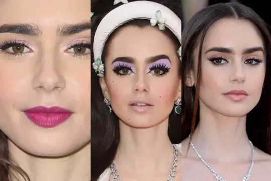 Lily Collins con makeup che esalta l'armocromia inverno: rosa, viola e viola intenso per labbra e occhi.