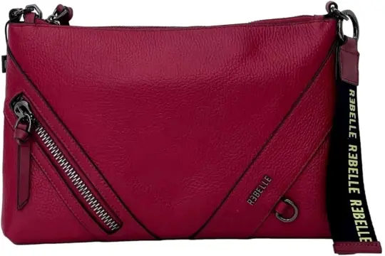 Borsa a tracolla rossa con zip obliqua e logo "REBELLE" stampato sulla tracolla.