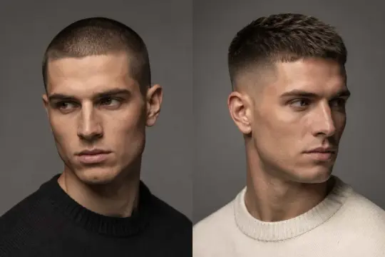 Due uomini con tagli di capelli buzz cut. Uno con taglio rasato, l'altro con sfumatura e capelli più lunghi in cima.