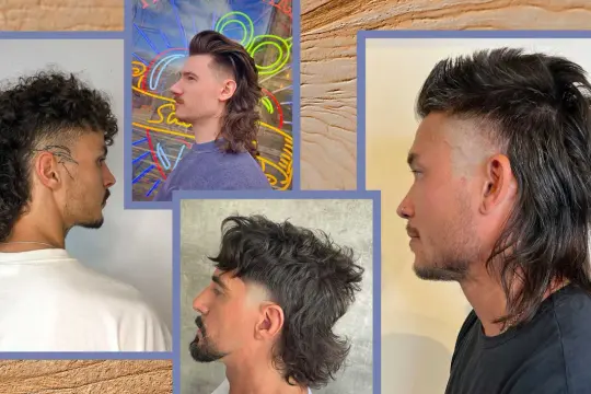 Tre uomini con un taglio mullet corto, uno con ricci, uno con capelli mossi e uno con capelli lisci.