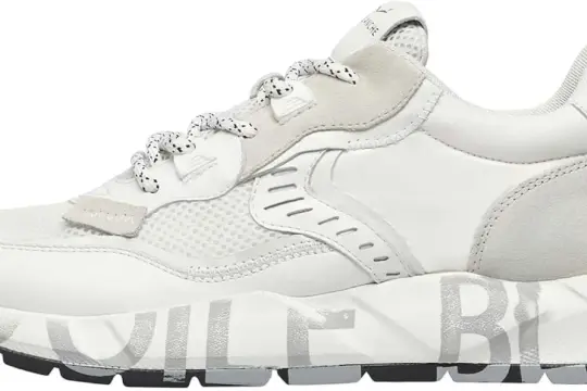 Scarpa da ginnastica bianca da uomo, con lacci a fantasia e suola con logo "Voile Blanche" in rilievo. Stile moderno e casual.