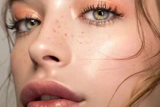 Occhi verdi luminosi con un trucco pesca delicato, lentiggini naturali e labbra piene.