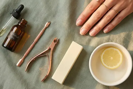 Set per manicure con olio per cuticole unghie, spingicuticole, tronchesino, lima e una fetta di limone in una ciotola.