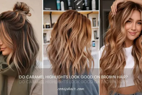 Tre donne con capelli castani arricchiti da sfumature balayage caramello, che creano un effetto caldo e luminoso.