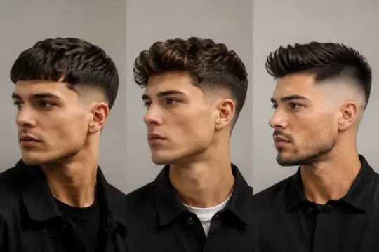 Tre uomini con diverse sfumature capelli uomo: taglio corto e netto, ricci voluminosi e ciuffo moderno con sfumatura alta.